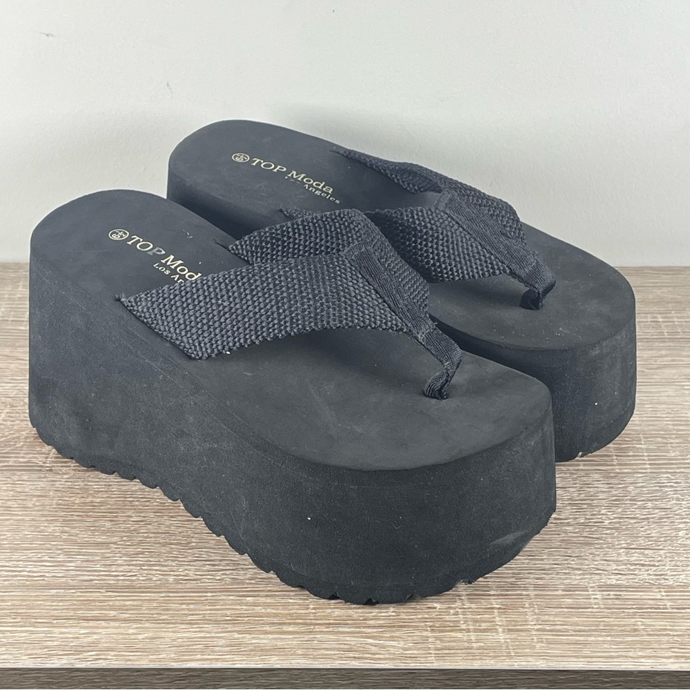 Y2K TOP Moda Black Platform Flip Flops Wedge Thong Sandals - Size 6.5
